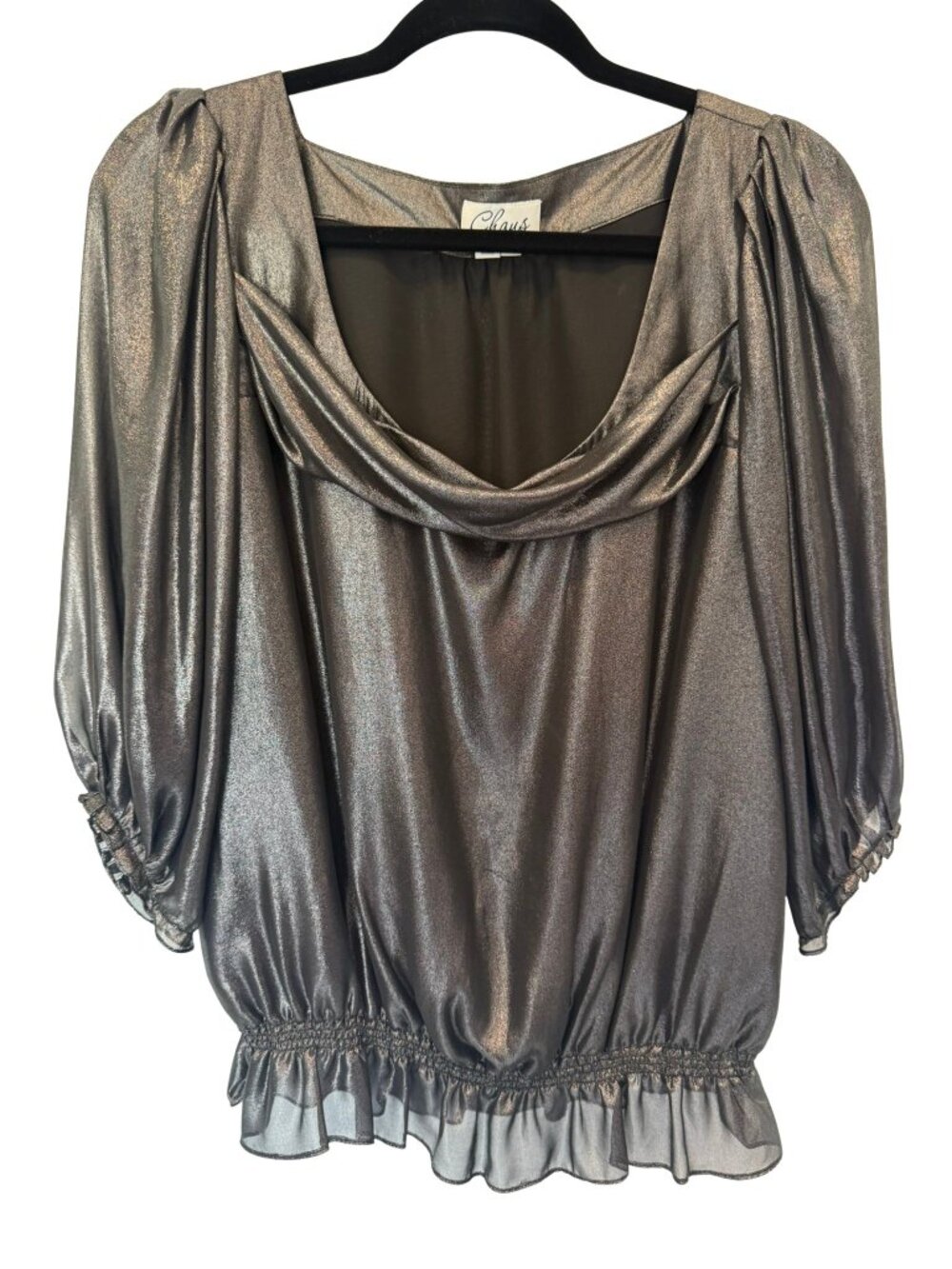 Chaus Y2K Metallic Silver Cowl Neck Peplum Blouse Puff Sleeve